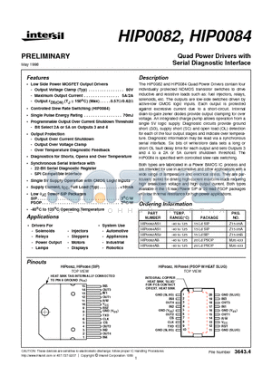 HIP0082 datasheet - Quad Power Drivers with Serial Diagnostic Interface