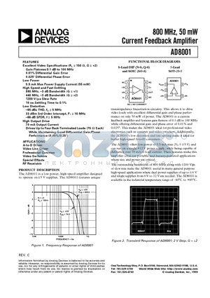AD8001 datasheet - 800 MHz, 50 mW Current Feedback Amplifier