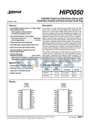 HIP050IP datasheet - 0.3A/50V Octal Low Side Power Driver with Serial Bus Control and Over-Current Fault Flag