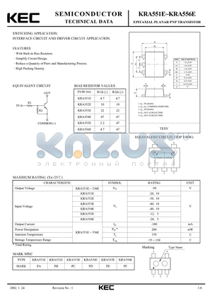 KRA555E datasheet - EPITAXIAL PLANAR PNP TRANSISTOR (SWITCHING, INTERFACE CIRCUIT AND DRIVER CIRCUIT)