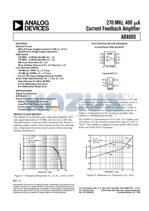 AD8005 datasheet - 270 MHz, 400 uA Current Feedback Amplifier