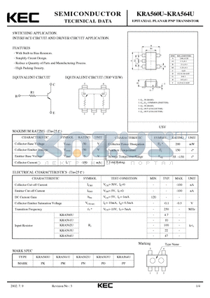 KRA560U datasheet - EPITAXIAL PLANAR PNP TRANSISTOR (SWITCHING, INTERFACE CIRCUIT AND DRIVER CIRCUIT)