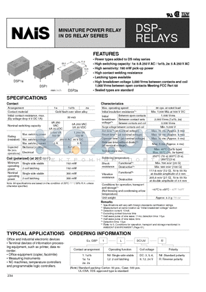 DSP1-DC12V datasheet - MINIATURE POWER RELAY IN DS RELAY SERIES