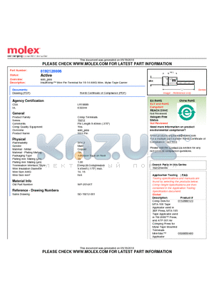 192120006 datasheet - InsulKrimp Wire Pin Terminal for 16-14 AWG Wire, Mylar Tape Carrier