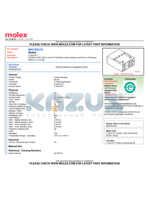 90143-0112 datasheet - 2.54mm (.100) Pitch C-Grid III Modular Crimp Housing, Dual Row, 4 Polarizing Buttons, 12 Circuits