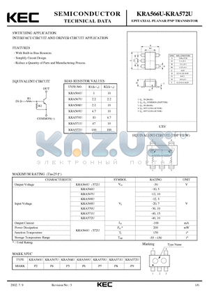 KRA567U datasheet - EPITAXIAL PLANAR PNP TRANSISTOR (SWITCHING, INTERFACE CIRCUIT AND DRIVER CIRCUIT)