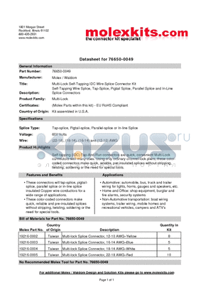 19216-0004 datasheet - Self-Tapping Wire Splice, Tap-Splice, Pigtail Splice, Parallel Splice and In-Line Splice Connectors