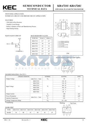 KRA724U datasheet - EPITAXIAL PLANAR PNP TRANSISTOR (SWITCHING, INTERFACE CIRCUIT AND DRIVER CIRCUIT)