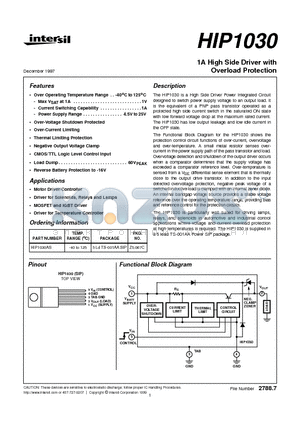 HIP1030 datasheet - 1A High Side Driver with Overload Protection