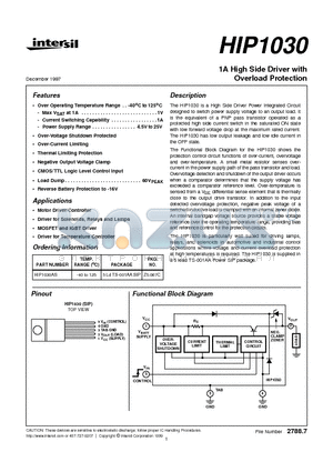 HIP1030AS datasheet - 1A High Side Driver with Overload Protection