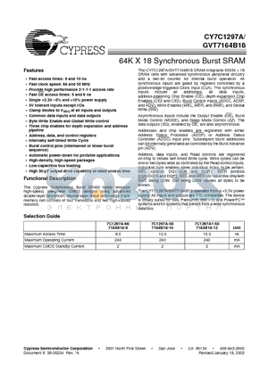 GVT7164B18 datasheet - 64K X 18 Synchronous Burst SRAM