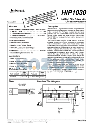 HIP1030AS datasheet - 1A High Side Driver with Overload Protection