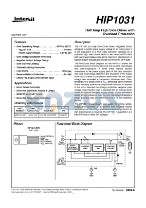 HIP1031AS datasheet - Half Amp High Side Driver with Overload Protection
