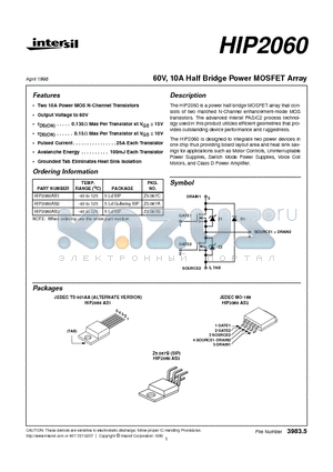 HIP2060 datasheet - 60V, 10A Half Bridge Power MOSFET Array