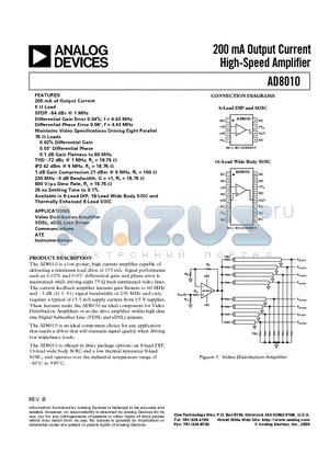 AD8010 datasheet - 200 mA Output Current High-Speed Amplifier