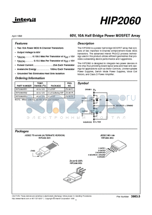 HIP2060AS3 datasheet - 60V, 10A Half Bridge Power MOSFET Array