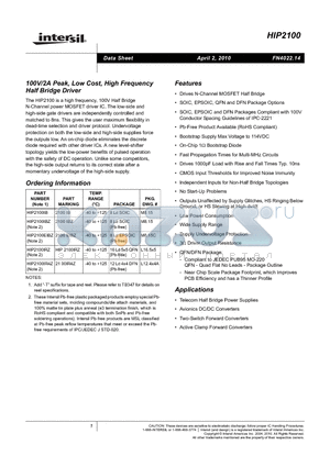 HIP2100 datasheet - 100V/2A Peak, Low Cost, High Frequency Half Bridge Driver