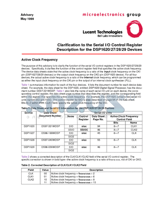 DSP1620 datasheet - Clarification to the Serial I/O Control Register Description for the DSP1620/27/28/29 Devices