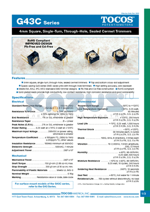 G43CFB102M datasheet - 4mm Square, Single-Turn, Through-Hole, Sealed Cermet Trimmers