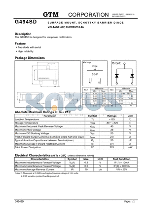 G494SD datasheet - SURFACE MOUNT, SCHOTTKY BARRIER DIODE VOLTAGE 40V, CURRENT 0.4A