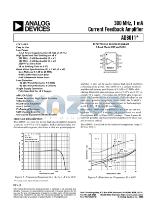 AD8011 datasheet - 300 MHz, 1 mA Current Feedback Amplifier