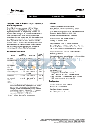 HIP2100IRZ datasheet - 100V/2A Peak, Low Cost, High Frequency Half Bridge Driver