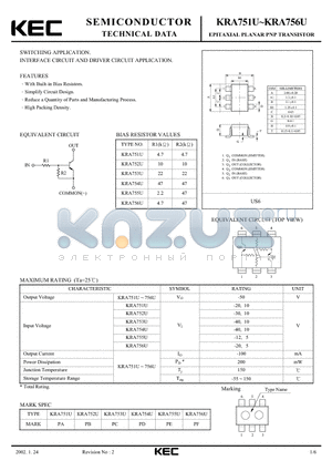 KRA751U datasheet - EPITAXIAL PLANAR PNP TRANSISTOR (SWITCHING, INTERFACE CIRCUIT AND DRIVER CIRCUIT)