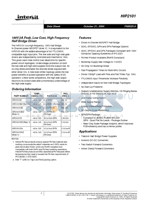 HIP2101IR datasheet - 100V/2A Peak, Low Cost, High Frequency Half Bridge Driver