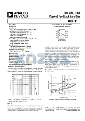 AD8011AR-REEL7 datasheet - 300 MHz, 1 mA Current Feedback Amplifier
