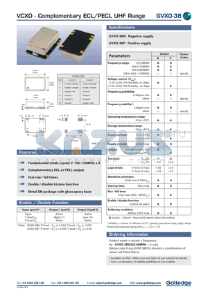 GVXO-38 datasheet - VCXO Complementray ECL/PECL UHF Range