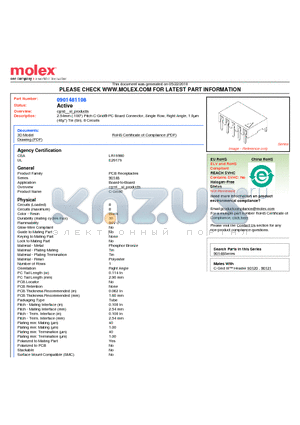 90148-1108 datasheet - 2.54mm (.100) Pitch C-Grid^ PC Board Connector, Single Row, Right Angle, 1.0lm (40l) Tin (Sn), 8 Circuits