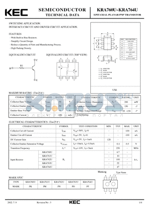 KRA760U datasheet - EPITAXIAL PLANAR PNP TRANSISTOR (SWITCHING, INTERFACE CIRCUIT AND DRIVER CIRCUIT)