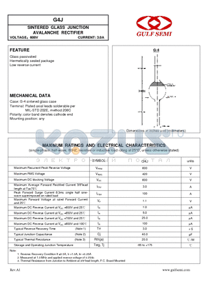 G4J datasheet - SINTERED GLASS JUNCTION AVALANCHE RECTIFIER VOLTAGE600V CURRENT: 3.0A