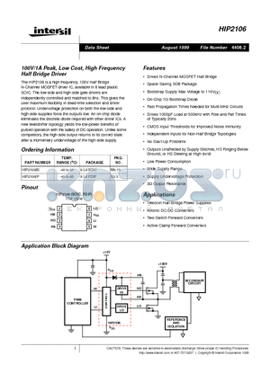 HIP2106IP datasheet - 100V/1A Peak, Low Cost, High Frequency Half Bridge Driver