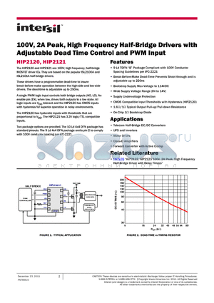 HIP2120 datasheet - 100V, 2A Peak, High Frequency Half-Bridge Drivers with Adjustable Dead Time Control and PWM Input