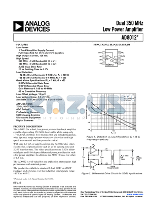 AD8012ARMZ datasheet - Dual 350 MHz Low Power Amplifier