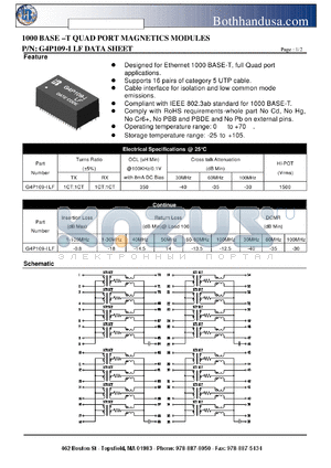 G4P109-ILF datasheet - 1000 BASE -T QUAD PORT MAGNETICS MODULES