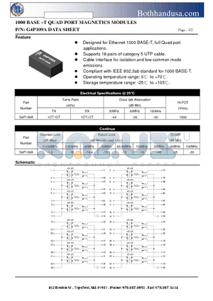 G4P109A datasheet - 1000 BASE -T QUAD PORT MAGNETICS MODULES