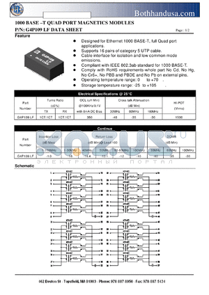 G4P109LF datasheet - 1000 BASE -T QUAD PORT MAGNETICS MODULES