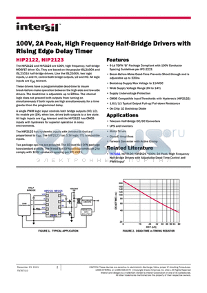 HIP2122 datasheet - 100V, 2A Peak, High Frequency Half-Bridge Drivers with Rising Edge Delay Timer