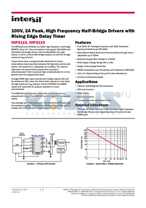 HIP2122FRTAZ datasheet - 100V, 2A Peak, High Frequency Half-Bridge Drivers with Rising Edge Delay Timer