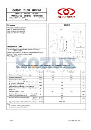 G4SB80 datasheet - SINGLE PHASE GLASS PASSIVATED BRIDGE RECTIFIER Voltage: 600 to 800V Current: 4.0A