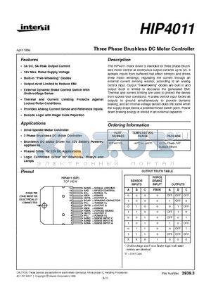 HIP4011 datasheet - Three Phase Brushless DC Motor Controller