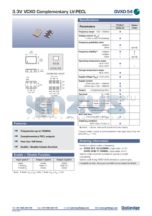 GVXO-54BI datasheet - 3.3V VCXO Complementary LV-PECL