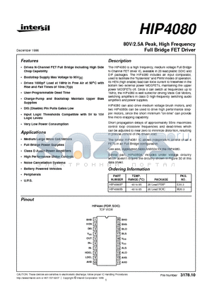 HIP4080 datasheet - 80V/2.5A Peak, High Frequency Full Bridge FET Driver