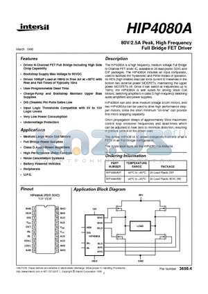 HIP4080AIP datasheet - 80V/2.5A Peak, High Frequency Full Bridge FET Driver