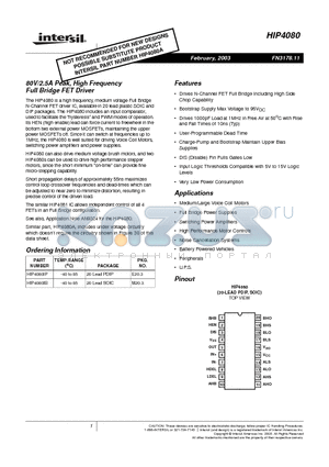 HIP4080 datasheet - 80V/2.5A Peak, High Frequency Full Bridge FET Driver