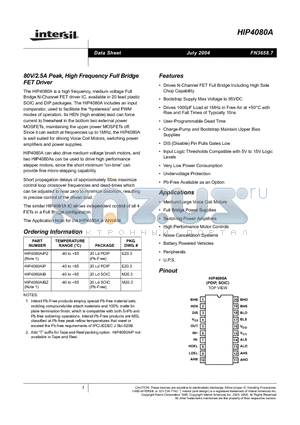 HIP4080AIB datasheet - 80V/2.5A Peak, High Frequency Full Bridge FET Driver