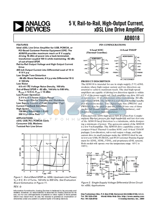 AD8018ARU-EVAL datasheet - 5 V, Rail-to-Rail, High-Output Current, xDSL Line Drive Amplifier