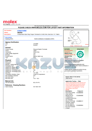 192210495 datasheet - Compression Style Ring Tongue Terminal for 6 AWG Wire, Stud Size 1/4